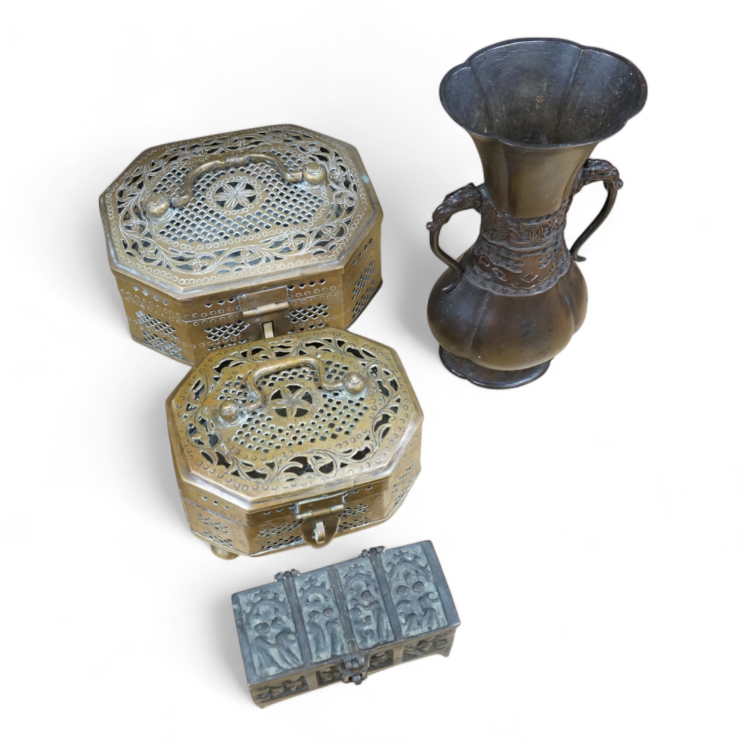 A Japanese archaistic bronze vase, seal mark to base, together with two Indian brass Paan boxes and a Medieval revival bronze casket, tallest 26cm
